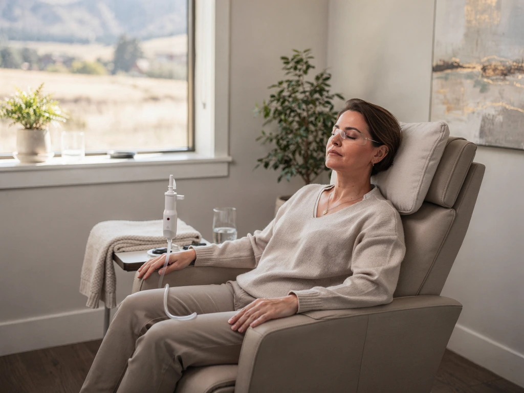 Patient receiving Spravato treatment in a comfortable clinical chair with IV line during session